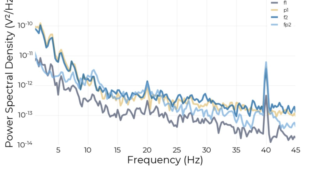 Power Spectral Density plot during stroboscopic flicker stimulation, showing a comparable SSVEP peak at 40 Hz.